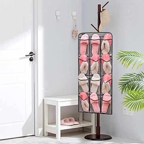 Dual Sided Hanging Shoe Organizer for Closet with Rotating Hanger Hanging Shoe Rack Holder with 24 Large Pockets (GREY-Clear Pockets) - color: GREY