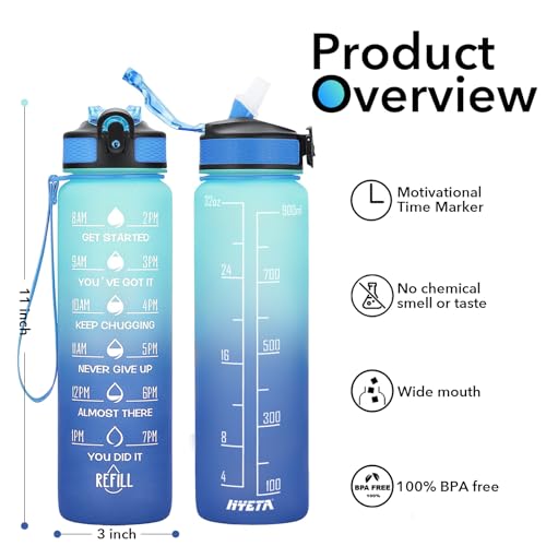 Hyeta Water Bottle with Straw & Time Marker, Plastic 32oz Leakproof - color: Green-Blue