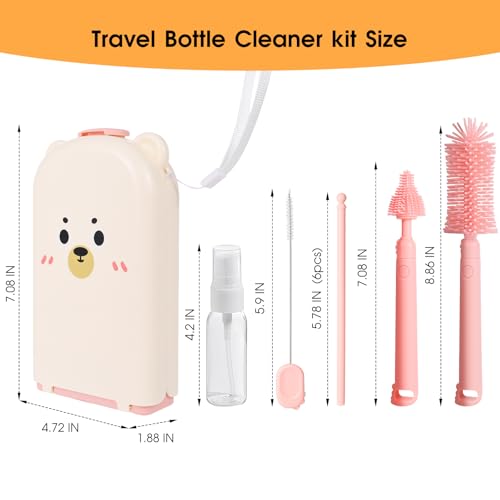 Travel Bottle Washing Kit with Storage Case, 7-in-1 Baby Travel Bottle Cleaner Kit for Travel and Home, All-in-One Baby Bottle Brush Set with Drying Rack for Bottles and Breast Pump Parts (Pink) - color: Pink