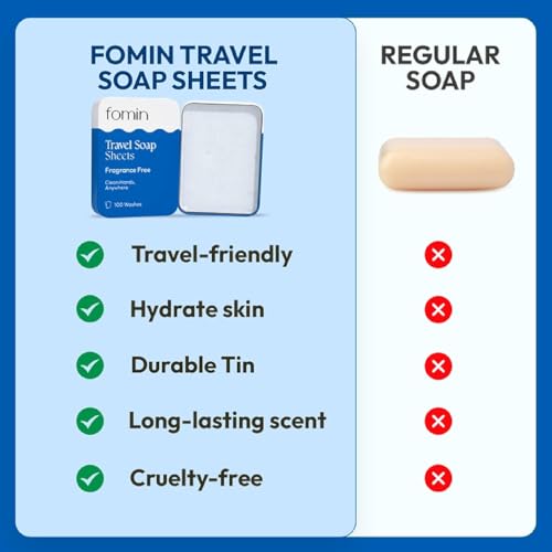 FOMIN - Paper Soap Sheets for Traveling - 300 Unscented Portable Hand Soap Sheets for Travel in Tin - Dissolvable Mini Portable Travel Soap Sheet for Hand Washing, Camping and Hiking - color: Unscented (Pack of 3)