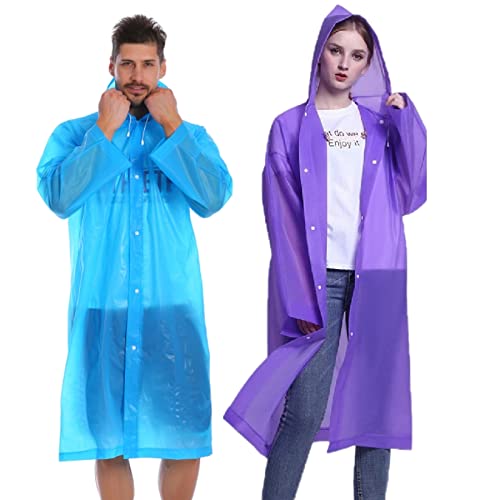 Rain Ponchos for Adults Reusable, 2-5 Pack Raincoat for Women Men, Waterproof Rain Coat Gear with Hood Drawstring - color: Blue+purple