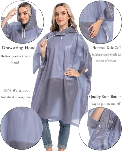 Reusable Rain Ponchos with Drawstring Hood for Adults, Waterproof Thicken Rain Coat, 2 Packs - color: Black & Grey