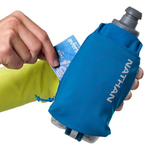 Nathan SpeedDraw 2 Insulated Handheld Running Water Bottle Flask – Double-Wall Insulation, Ergonomic Grip, Blast Valve Cap, Phone & Key Storage Pockets, Reflective Design, 12oz Insulated - Deep Blue - color: 12oz Insulated - Deep Blue