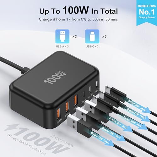 USB C Charger Block, GaN Fast USB Charging Station Hub with 100W Max 6-Port - color: B-Black, size: 100W