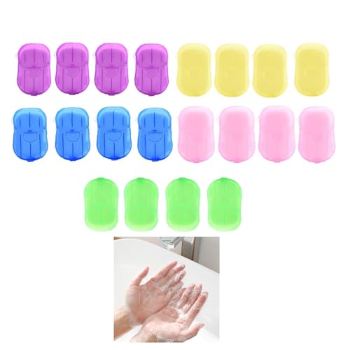 Portable Foaming Hand Soap Sheets, 20 Pack with 400 Sheets in 5 Colors, Rich Bubble Deep Cleaning Travel Size Paper Soap, Easy to Rinse