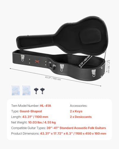 VEVOR Acoustic Guitar Hard Case, 43.31 in Gourd-Shaped Guitar Hard Case, With Lock Latch Key Handle, PVC Padding Soft Lining Water-Resistant Hard Shell Guitar Case, for 39-41 in Acoustic Guitar, Black | With Lock Latch Key Handle, PVC Padding Soft Lining