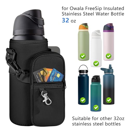 Water Bottle Carrier Bag with Strap, Fits Owala FreeSip 24/32 oz - color: Black, size: 32 ounce