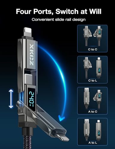 4 in 1 USB C Cable with Wattage Display, 240W Round Nylon Braided Multi Charging Cable with Data Sync, USB C Charging Cord Combo Type C/USB A/iPhone Port for iPhone/iPad/Samsung/Laptop, 3FT - size: 3FT, style: 240W