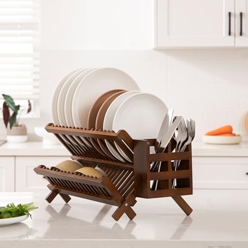 HBlife Dish Rack,Teak Folding 2-Tier Collapsible Drainer Dish Drying Rack with Utensils Flatware Holder Set (Dish Rack with Utensil Holder) - color: Teak-2 Tiers