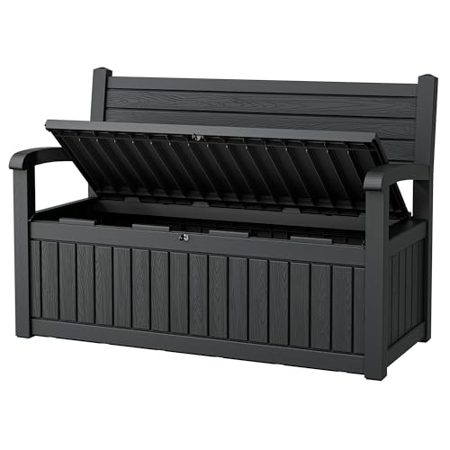 80 Gallon Deck Box Outdoor Storage Box Waterproof, Outdoor Storage Bench Doubles as 2-Person Seat, Resin Stripes Outdoor Bench for Cushions, Garden Tools and Pool Supplies Black - color: Matte Black