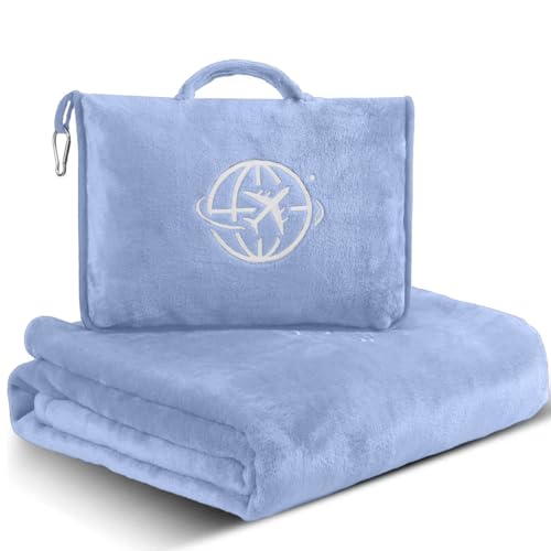 2-in-1 Travel Blanket and Pillow – Lightweight, Compact, Ultra Soft, Machine Washable – Handle, Luggage Sleeve, Backpack Clip – for Travel Airplane, Car, Office (Light blue) - color: Light Blue