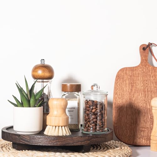 Round Decorative Tray Farmhouse Kitchen Decor Soap Dish, 10" Dark Brown | Waterproof, Lightweight, Easy Clean, Wood Riser Pedestal Stand Accessories for Office Desk, Vanity, Counter, Sink - color: Dark Brown, size: 10"