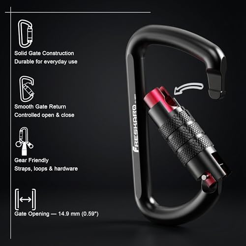 FresKaro 3inch 12kN-2698lbs Auto Locking Carabiner Clips, Solid D Shape, Heavy Duty 7075 Aluminum, Lightweight 1.09oz, Rust Proof, for Hammock, Hiking, Dog Leash, Keychain etc., Multi-Colors - color: Black-2pcs