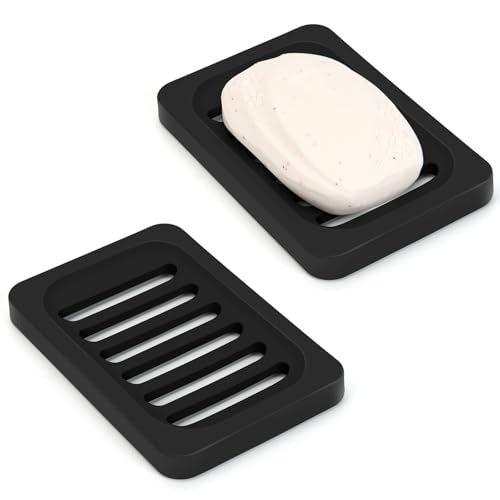 Topsky 2Pcs Soap Dish Holder, Non-Slip Bathroom Accessories Silicone Soap Case Saver, Sink Deck Bathtub Shower Dish Soap Drainer, Silicone Holder for Soap, Sponges, Scrubber (Black-2pcs) - color: Black-2pcs