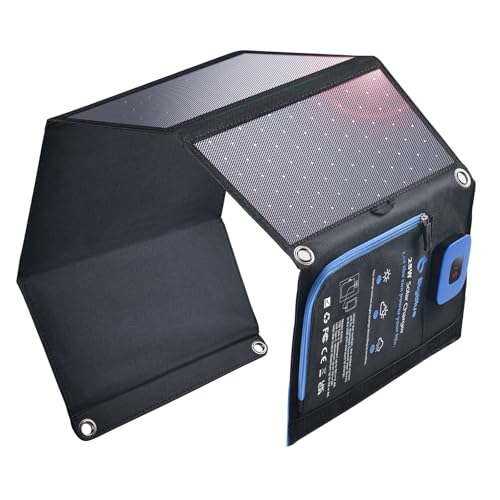 BigBlue 28W Solar Panel Charger with Digital Ammeter, USB-A/USB-C Outputs - color: Black