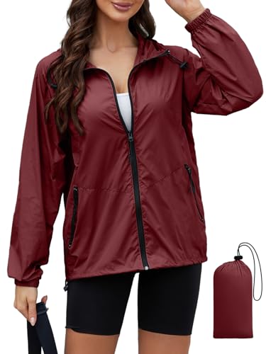 CRIPOM Packable Rain Jacket Women Waterproof Lightweight Jacket With Hood Womens Windbreaker Jacket S-XXL - color: Wine Red, size: Small