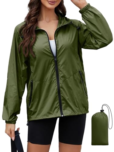 CRIPOM Light Weight Rain Jacket Women Waterproof Windbreaker Travel Rain Coats for Women Packable S-XXL - color: Army Green, size: Large