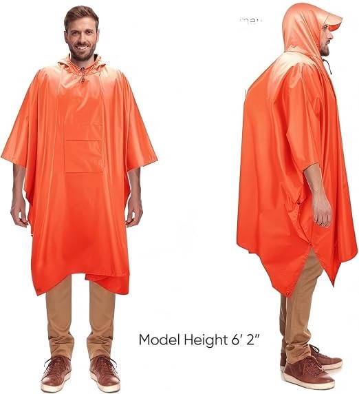 Extra Thick Waterproof Hooded Rain Poncho for Adults Lightweight Raincoat Jacket with Pocket for Hiking Camping Emergency - color: Orange