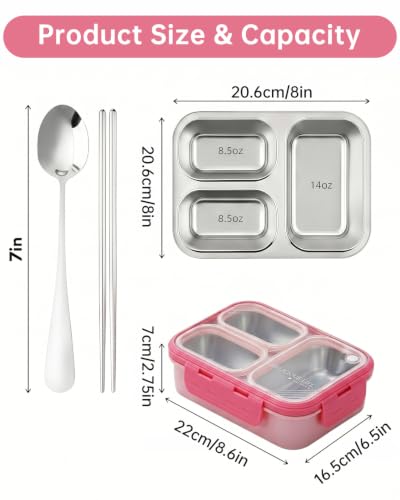 Stainless steel Lunch Box, 3-Compartment Metal Bento Box with Locking Lid, 25oz 304 Food-Grade Meal Prep Container for Work Lunch, Office Commute, Outdoor Picnic - color: Pink