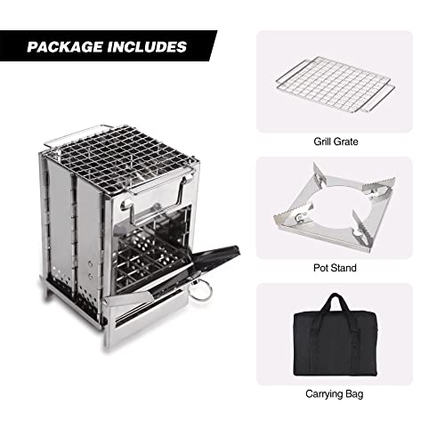 Portable Folding Camping Wood Stove for Outdoor Cooking, Sturdy Lightweight 304 Stainless Steel Wood Burning Camp Stove with Grill for Backpacking BBQ Small/Large (Small Grid and Pot Stand) - size: Small with Grid and Pot Stand