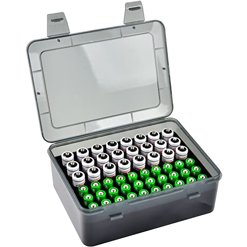 FULLCASE Battery Organizer Storage Box Fits 54 AA AAA Batteries,Grey | Clear Hard-shell,Battery Box, with 24 AA and 30 AAA Foam Slots, Secure Latch and Carry Handle for Drawers,Shelves and Travel - color: Grey