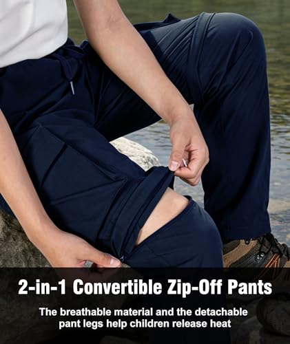 Kids Hiking Convertible Zip Off Pants Quick Dry Outdoor Nylon Pants Waterproof Stretchy with Zip Pockets 4-16Y - color: Blue, size: Medium