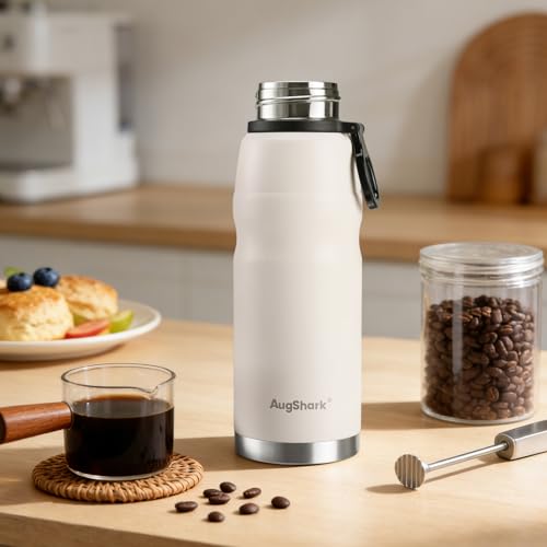 20oz Vacuum Insulated Stainless Steel Thermoses with Foldable Handle & Leakproof Lid, Slim Travel Coffee Cup for Hot/Cold Drinks, Fits Car Cup Holders - color: White-20oz