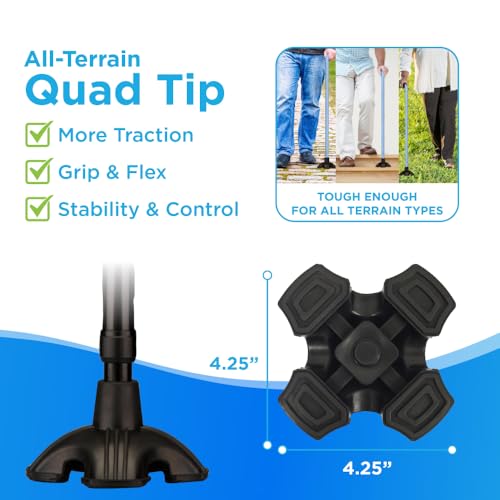 NOVA Offset Quad Cane for Seniors - Adjustable Walking Cane with Wrist Strap, Foam Handle, Anti-Rattle Lock - Lightweight Mobility Aid for Men and Women - Black - color: Black