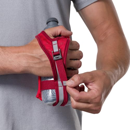 Nathan SpeedDraw 2 Insulated Handheld Running Water Bottle Flask – Double-Wall Insulation, Ergonomic Grip, Blast Valve Cap, Phone & Key Storage Pockets, Reflective Design - 12oz Insulated - Ribbon Red - color: Ribbon Red 12oz Insulated