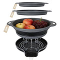 Collapsible Colander Set of 3 with Kitchen Counter Self-draining Base, Round Silicone Food Foldable Strainer for Cooking Pasta, Vegetables and Fruit (3QT, 4QT and 5QT), Black
