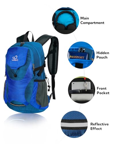 WATERFLY Lightweight Packable Hiking Backpack, 30L Day Pack | Foldable, Water Resistant Travel Daypack with Multiple Pockets, Wet Pocket, Ultralight Day Pack for Woman Man, Everyday Carry - color: Deep Blue