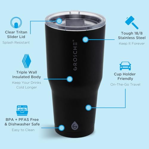 GROSCHE Yukon Triple Insulated Coffee Travel Mug with Lid - 30 oz Black - color: Black, size: 30 Ounces