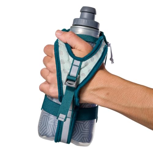 Nathan SpeedDraw 2 Insulated Handheld Running Water Bottle Flask – Double-Wall Insulation, Ergonomic Grip, Blast Valve Cap, Phone & Key Storage Pockets, Reflective Design - 18oz Insulated - Deep Teal - color: Deep Teal 18oz Insulated