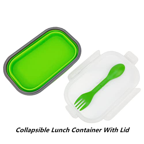 Green Food Grade Silicone Lunch Container Bento Box, Collapsible Food Storage Containers with Airtight Lids and 2in1 Fork, Reusable Food Container for Travel Camping, 1000ml Microwave Container