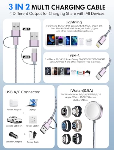 2Pack Travel Essentials for Apple Watch Charger,3-in-2 Multi Charging Cable | Cruise Vacation Camping Essentials for iPhone Charger,Type C/Lightning for iWatch,iPhone 17-12,Xbox Series X&S-6FT Gray - color: Gray, size: 2Pack-6 FT