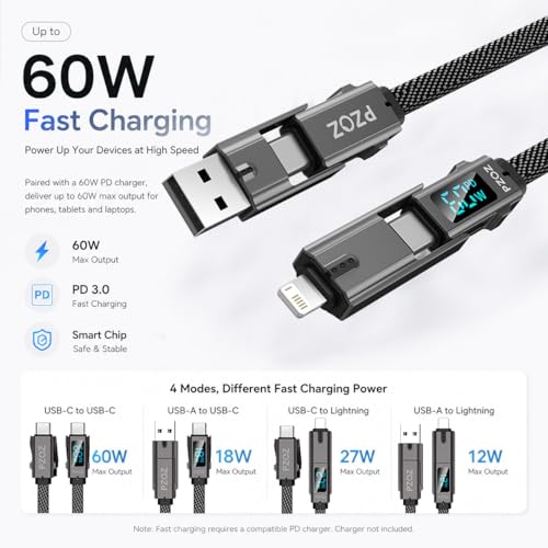pzoz 4-in-1 Multi Charging Cable with LED Display, One Cable for USB-C & Lightning Devices, 60W Fast Charging Cord, USB A/C to USB C/Lightning for iPhone 17/16/15, iPad, MacBook, Samsung(5 ft) - style: 60W