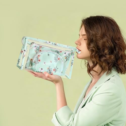 Richeart Makeup Bag, Clear Bag with Zipper, 3PC Floral Flowers Makeup Pouch, Waterproof Small Pouch, Portable Travel Toiletry Bag, B - style: B