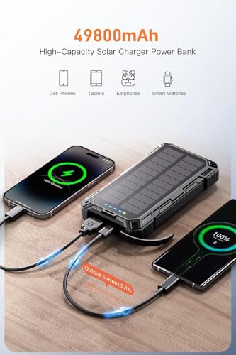 Solar Power Bank,49800mAh Portable Charger Wireless Charging USB-C 15W Fast Charging with 4 Built-in Cables LED Flashlight Battery Pack Compatible with iPhone, iPad, Galaxy, Perfect for Camping/Hiking