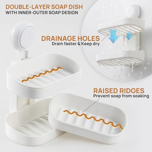 LEVERLOC Soap Holder, Soap Dish for Shower, Suction Cup Bar Soap Holder - style: 2 tiers White