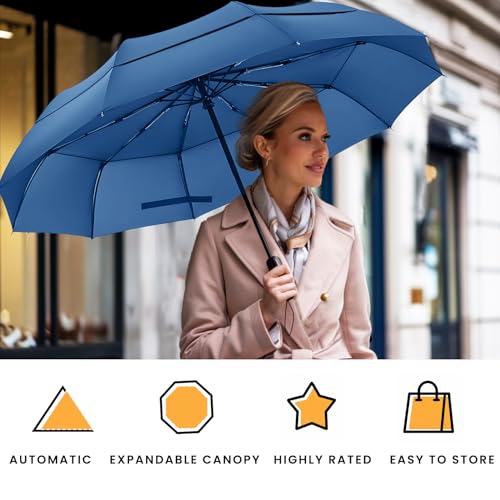 MRTLLOA Compact Golf Umbrella, 10 Ribs Vented Windproof Travel | 49/54/62 Inch Large Oversize, Double Canopy, Quick-Dry Fabric, Lightweight, Umbrellas for Rain - color: Navy Blue, size: 54 Inch