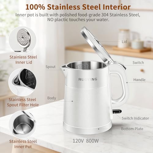 0.8L Portable Stainless Steel Travel Electric Kettle, Double Wall | White. Small Capacity, Cool Touch Double Wall Stainless Steel, Fast Boil, Auto Shutoff & Boil Dry Safety, 2-Year Warranty - color: White