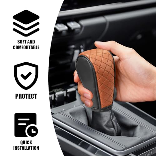 Leather Car Gear Shift Knob Cover, Car Shifter Cover, Anti-Slip Dust Waterproof Gear Shifter Stick Protector, Auto Automatic Shift Knob Handle Protector for Most Vehicles (Black Brown) - color: Black Brown
