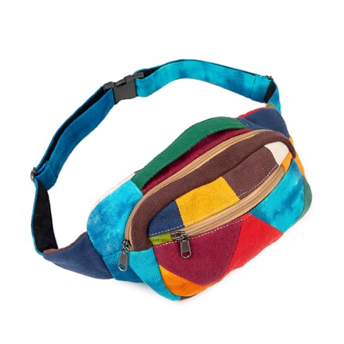 Freakmandu Eco-Friendly Boho Hippie Style Hemp Fanny Pack White Hip Waist Bag for Hiking Running Jogging - color: Geometric Mix