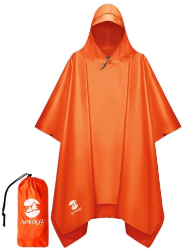 SaphiRose Hooded Rain Poncho Waterproof Raincoat Jacket for Men Women Adults - color: Orange