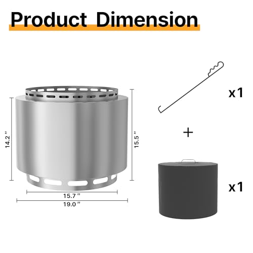 Gotland 19 inch Smokeless Fire Pit Stove with Ash Poker & Carry Bag, Outdoor Stainless Steel Portable Wood Burning Fireplace for Camping and Picnic - Silver - size: 19 inch