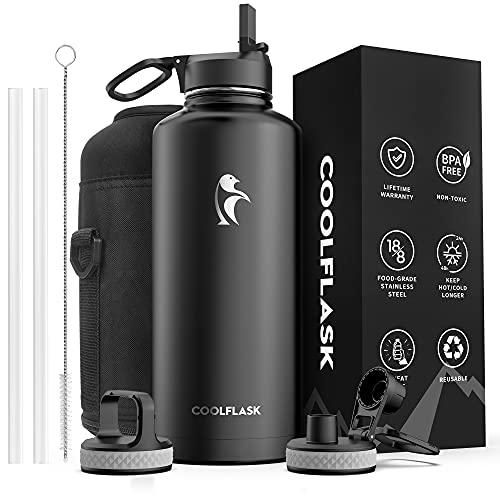 Coolflask 87 oz Insulated Water Bottle Stainless Steel with Straw & 3 Lids - color: Magic Black, size: 87 Ounces
