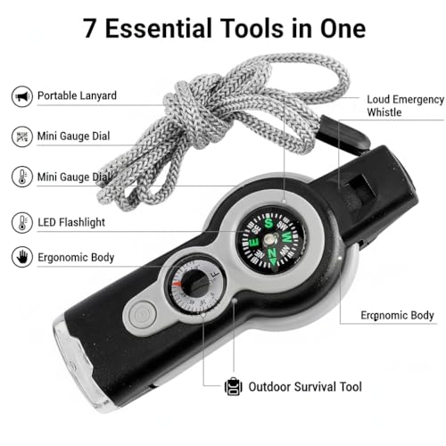 Emergency Whistle 7-in-1, Survival Whistle with Compass, Thermometer, LED Light, Magnifier, Mirror & Storage for Hiking, Camping, Fishing, Kayaking