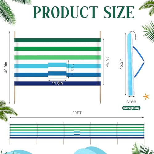 Cinnvoice 20ft Stripe Beach Windscreen Set Long Privacy Screen with 6 Hardwood Poles Rubber Mallet and Carry Bag Portable Beach Fence Wind Blocker for Summer Outdoor Sand Wind Protection - size: 20ft, style: Stripe