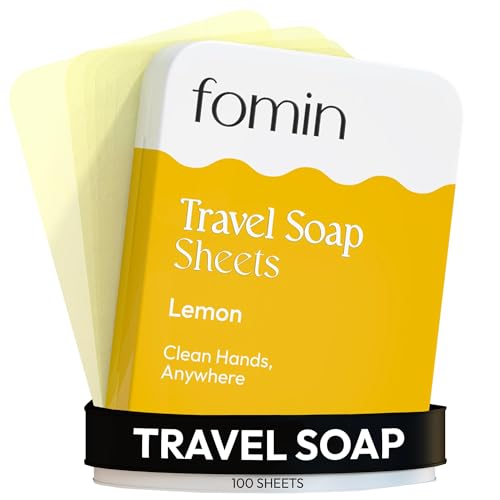 FOMIN - Paper Soap Sheets for Traveling - 100 Lemon Portable Camping Soap Sheets for Travel in Tin - Dissolvable Mini Portable Travel Soap Sheet for Hand Washing - color: Lemon