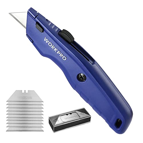 WORKPRO Premium Utility Knife, Retractable All Metal Heavy Duty Box Cutter, Quick Change Blade Razor Knife, with 10 Extra Blades - color: Blue